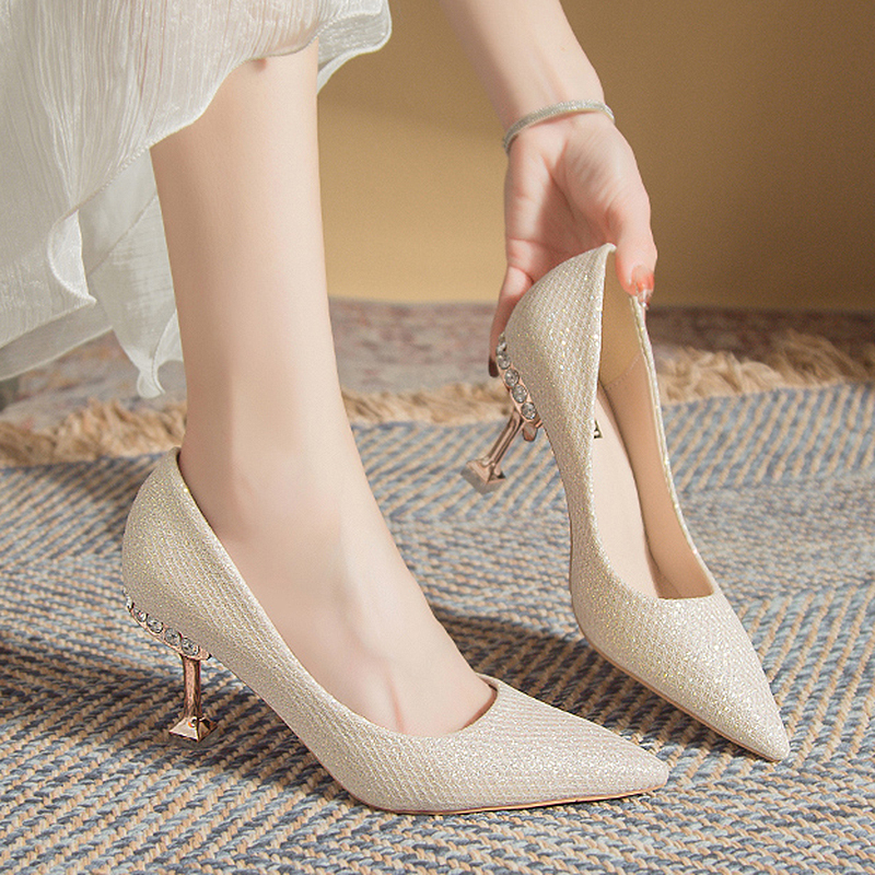 Bg rimocy Gold Sier New Pointed Toe Pumps Women Rhinesthone Thin Heels Party Wedding Woman 2023 Shallow High-Heeled Shoes 1308