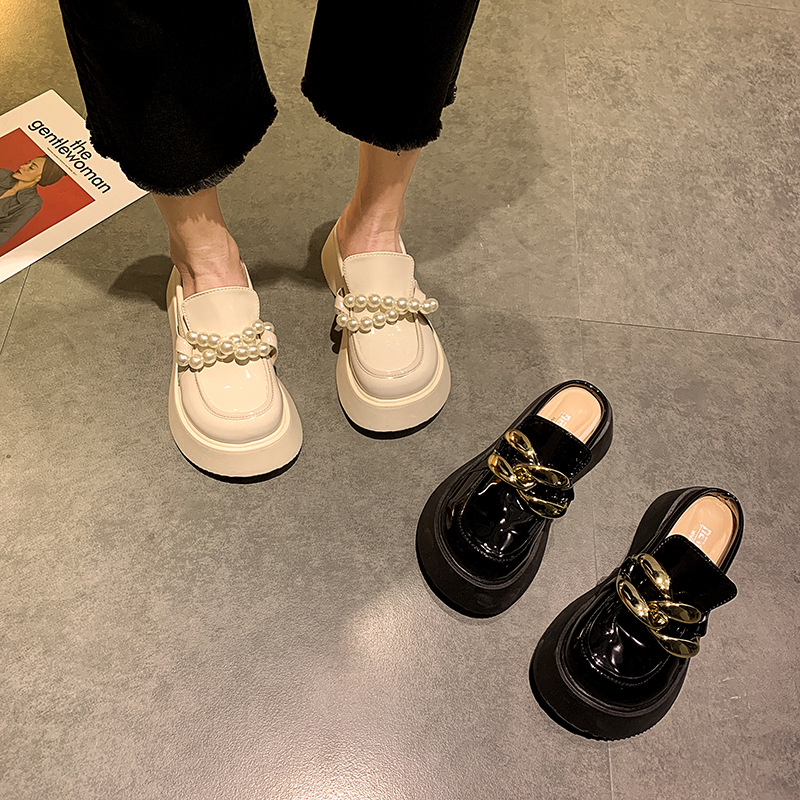 Mule 2022 Platform For Women New Slippers Chunky Golden Chains Leather Pearl Loafer Thick Bottom Ladies Sandals f291
