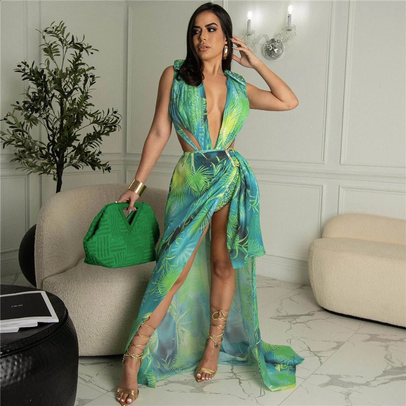Leaf Print Two Piece Set Women Party Dress Clubwear Bodysuit Top and Split Maxi Skirt Sets Summer Holiday Beach Birthday Outfits 240829
