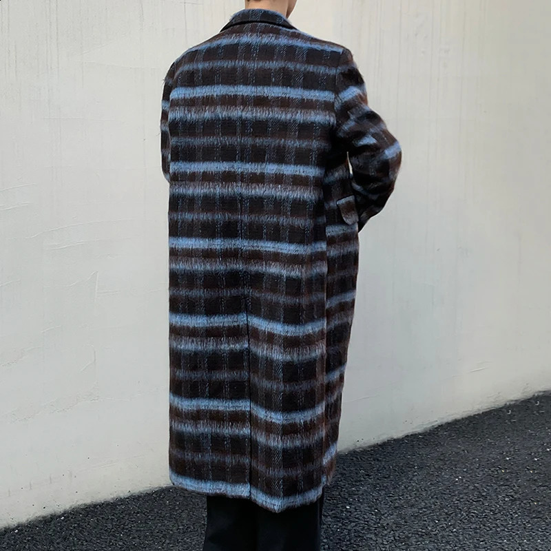 IEFB contrasting color mens coat Korean fashion lapel flat bottomed casual mens long wool coat trend winter chic 9C3923 240829