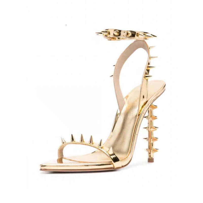 Arden Furtado 2024 Summer Women's Pointed Open Toe Rivets Chunky Heels High Heel Buckle Strap Sexy Gold Sandals Party Shoes