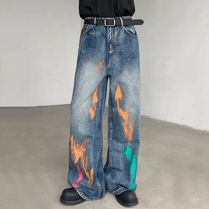 FEWQ Mens Denim Pants High Street Loose Brush Painting Contrast Color Straight Wide Leg Casual Male Jeans Autumn Trend 9C6994 240826Z