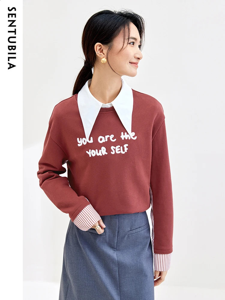 SENTUBILA 100% pure cotton Crewneck patch work sweater womens fashionable casual long sleeved letter embroidered top 133A51289 240827