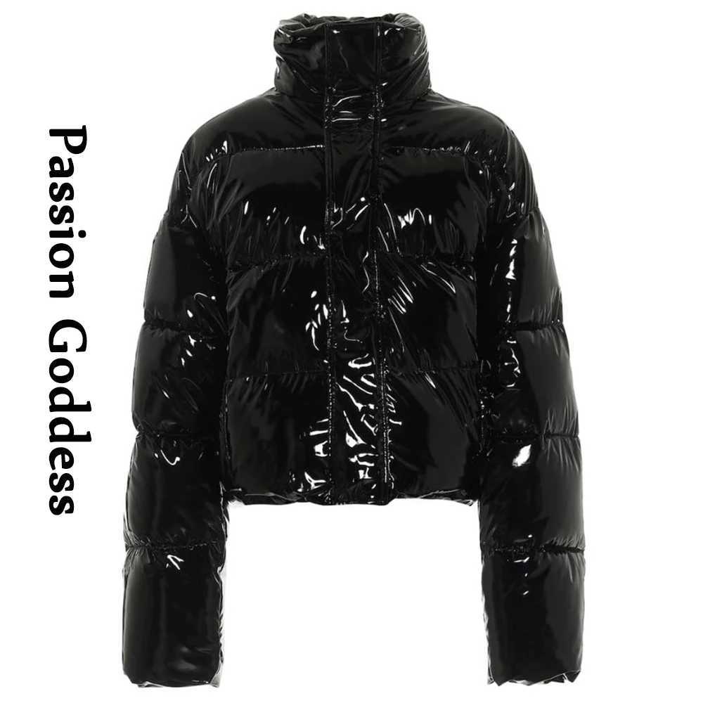 Women's Down Parkas Winter Women Bright PU Puffer Jacket Thick Bubble Coat Zipper Glossy Leather Down Parka Outerwear Stand Collar Loose Jacket Y