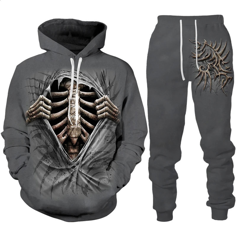 Personalized Skull 3D Printed Mens Track Wear Set Gothic Punk Hoodie Sweatshirt/Set Cool Halloween Street Costume 240829