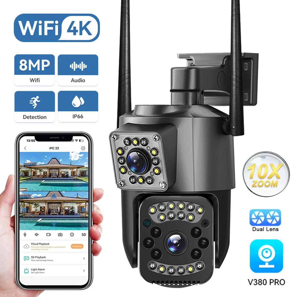 4MP Dual Lens WiFi IP Camera Night Vision Ai Human Detect PTZ Outdoor Video Camara Wireless V380 Pro CCTV Security Protection