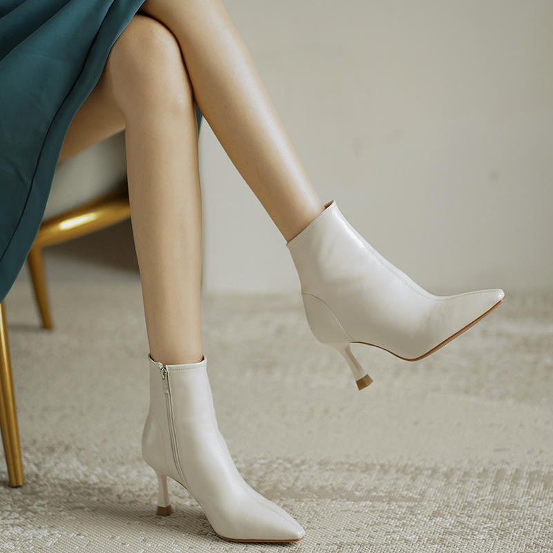 Women's brown high-heeled soft leather pointed French slim heel boots