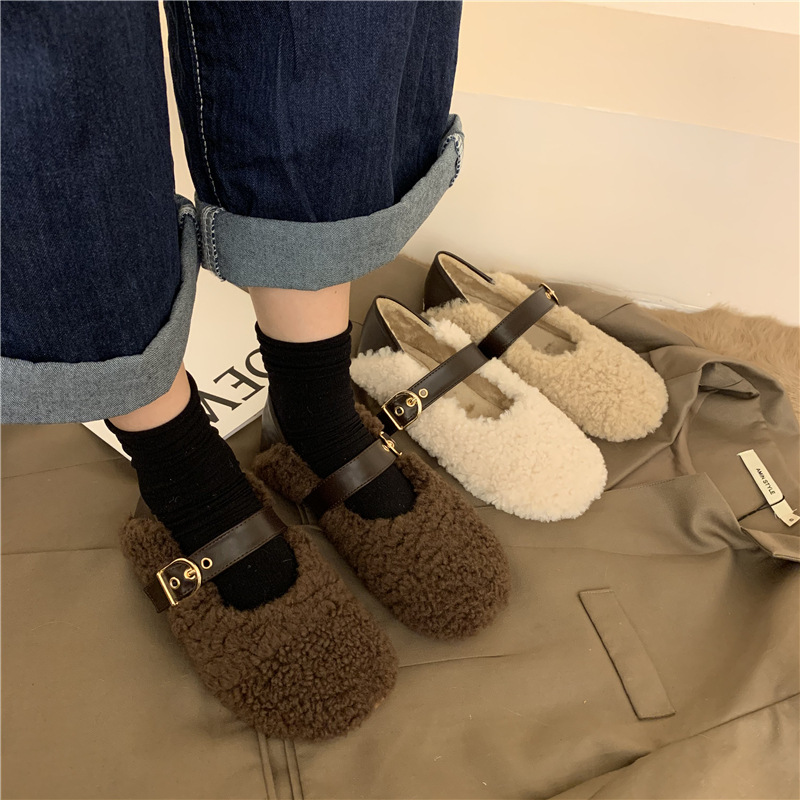 Lambswool Moccasins Women's with Metal Buckle: Plush Flats, Warm Cotton Loafers 4