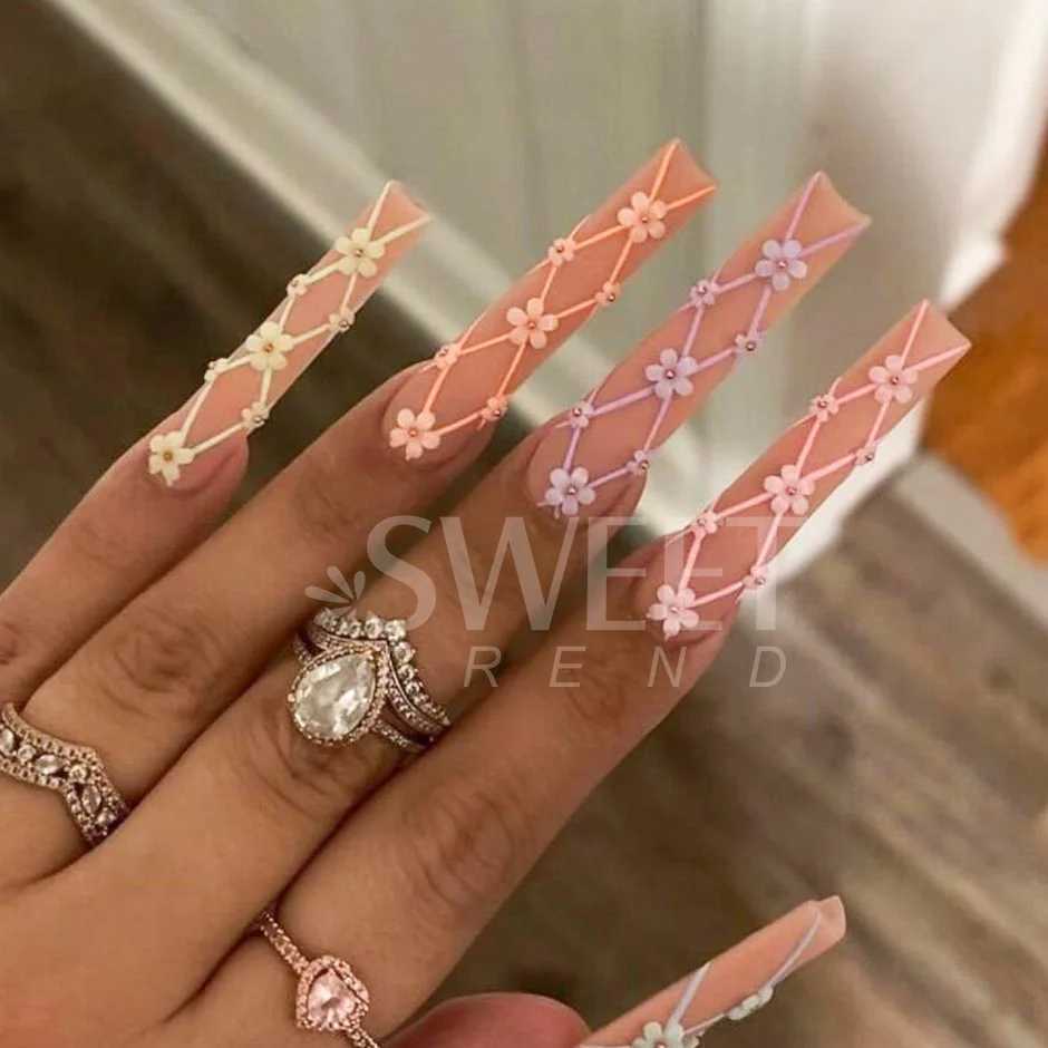 6 grid nail art decoration pink and white acrylic flower charm DIY parts with gemstone rhinestone used for accessory tool SASZCT-156 W240829