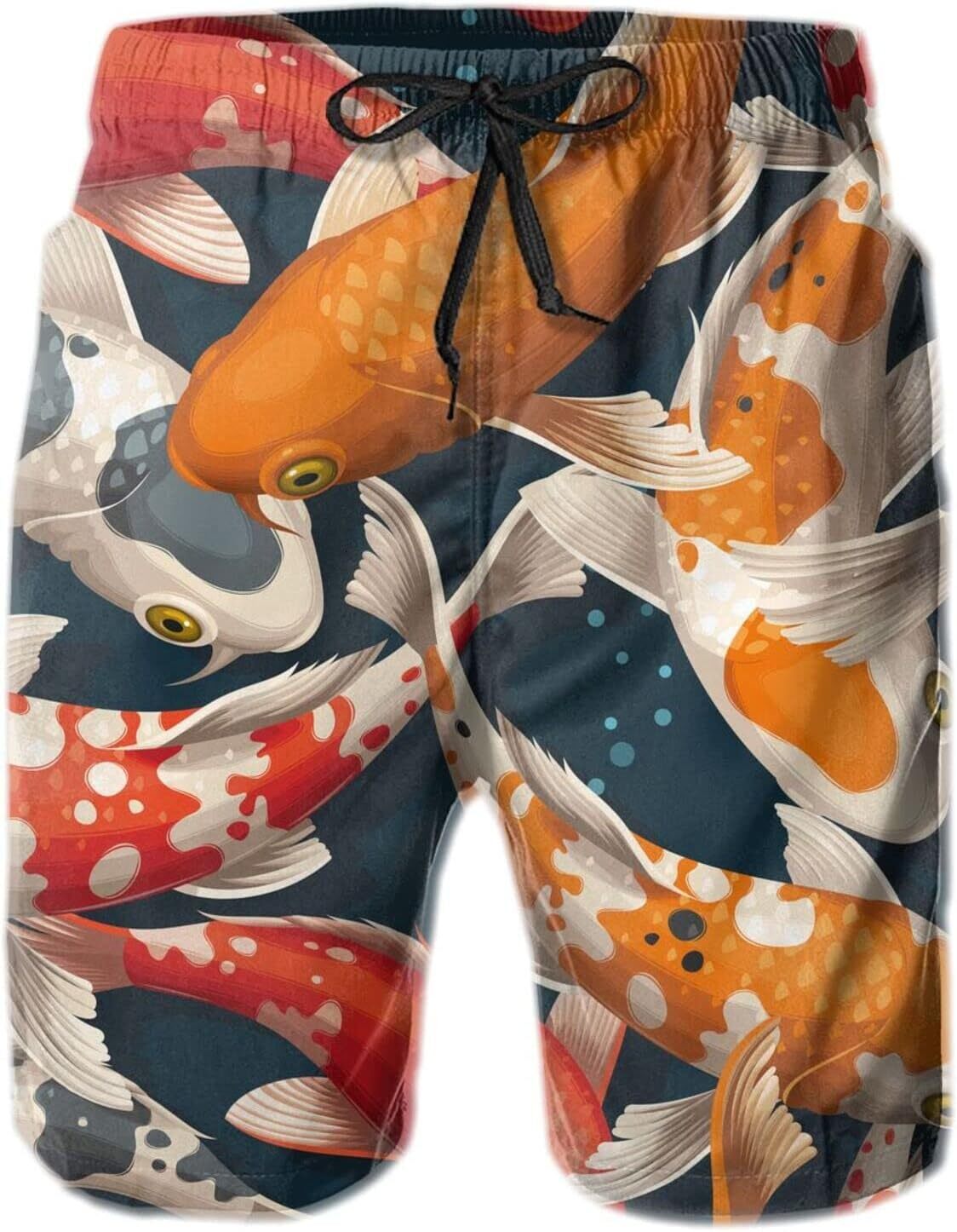 Mens Shorts 3D Printing Pattern Lucky Koi Fish Swim Trunks Quick Dry Fashion Beach Board Swimwear
