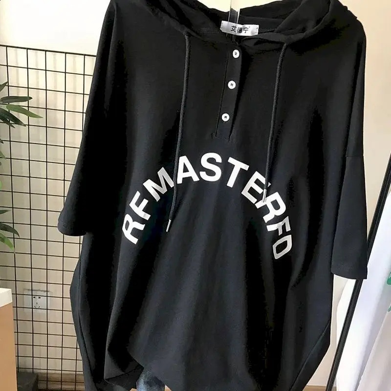 Oversized womens hoodie medium length short sleeved Tshirt summer Korean style loose casual 240827