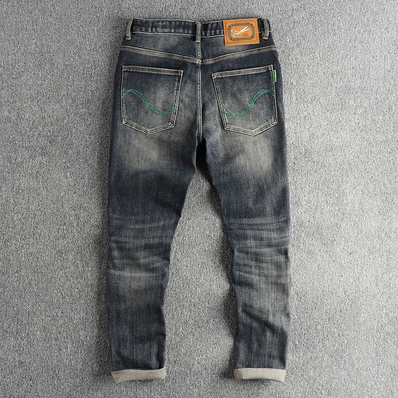 Retro blue gray distressed washed jeans mens fashion spring and autumn American small leg straight leg young pants 240829