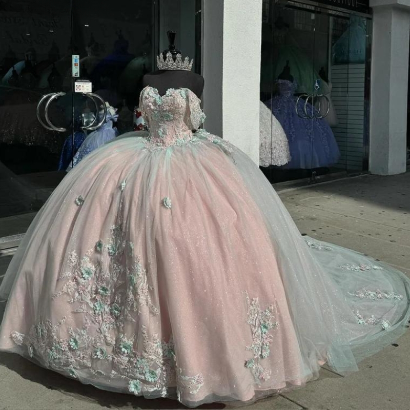 Pink Off The Shoulder 3D wers Ball Gown Quinceanera Dresses ral Appliques Lace Tull Corset Vestidos De 15 Anos