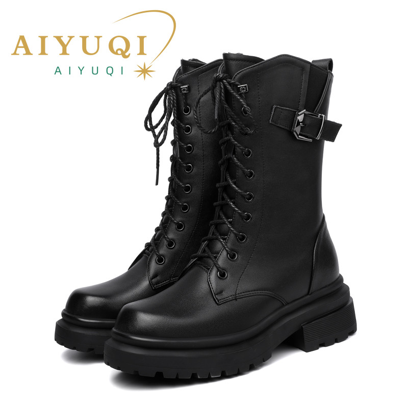 AIYUQI Women Boots Large Size Genuine Leather Thick Wool Warm Winter Biker Boots Women British Style Women Snow Boots