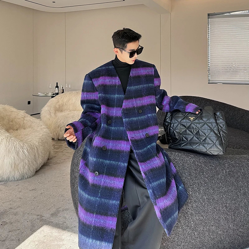 NOYMEI winter plain weave n wool coat thick purple long fully matched Korean style collarless coat for men WA3536 240829