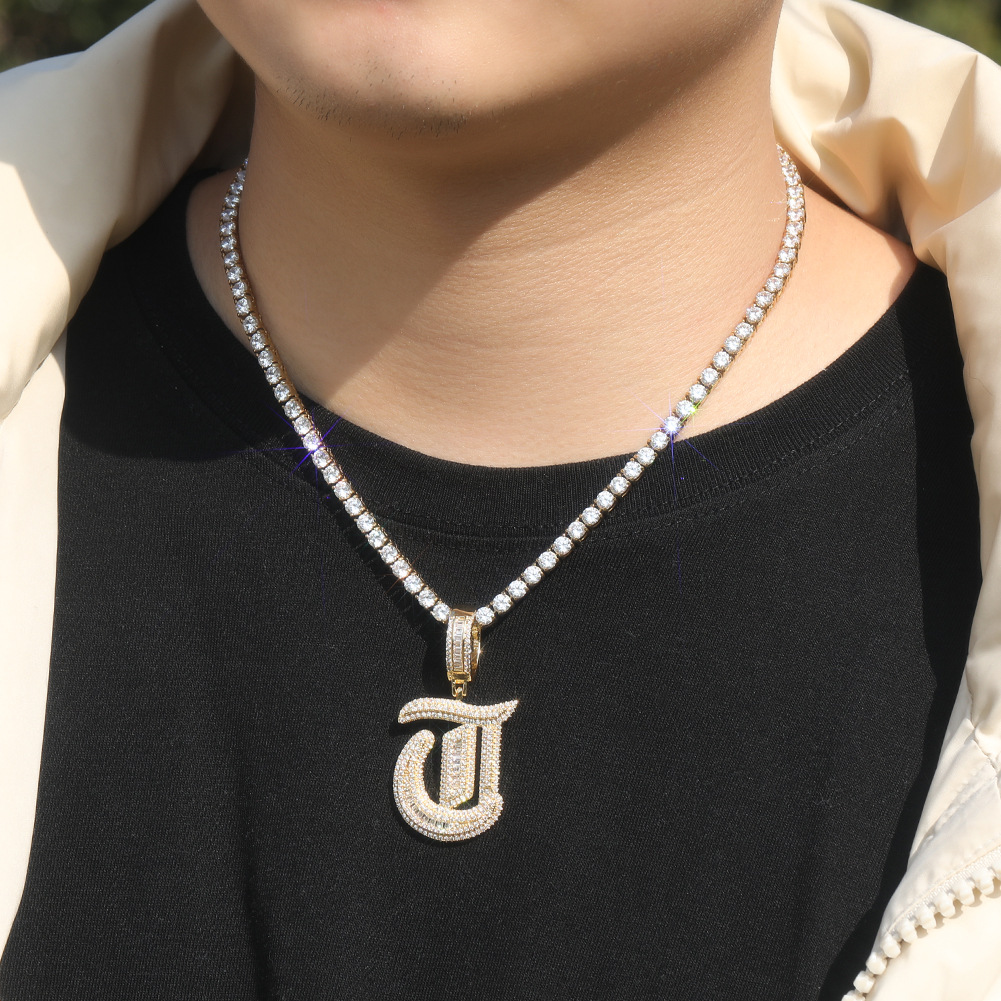 Custom Large Old English Letter A-Z Pendant Necklaces T Zircon Real Gold Plated