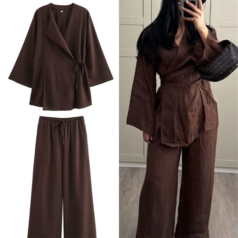 TRAF Fashion Linen 2 Piece 2024 Spring Summer Kimono Style Loose Lace Up Shirts Tops Wide Leg Pants Sets y240829