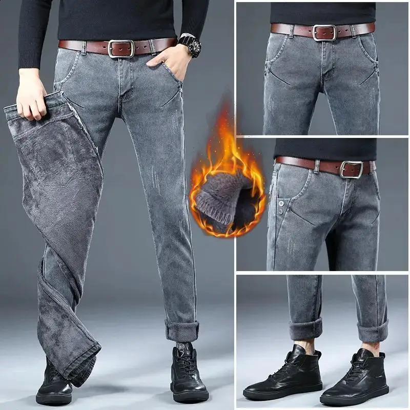 Mens Brushed Jeans Winter Velvet Fleece Man Thermal Warm Korean Versatile Elastic Plush Thicken Slim Pencil Pants 240826Z