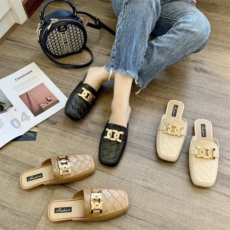 Women Light Outdoor Flat Mules Temperament Square Head Slides Fashion Plaid Metal Buckle Modern Slippers Roman Sandals 4 a59f1