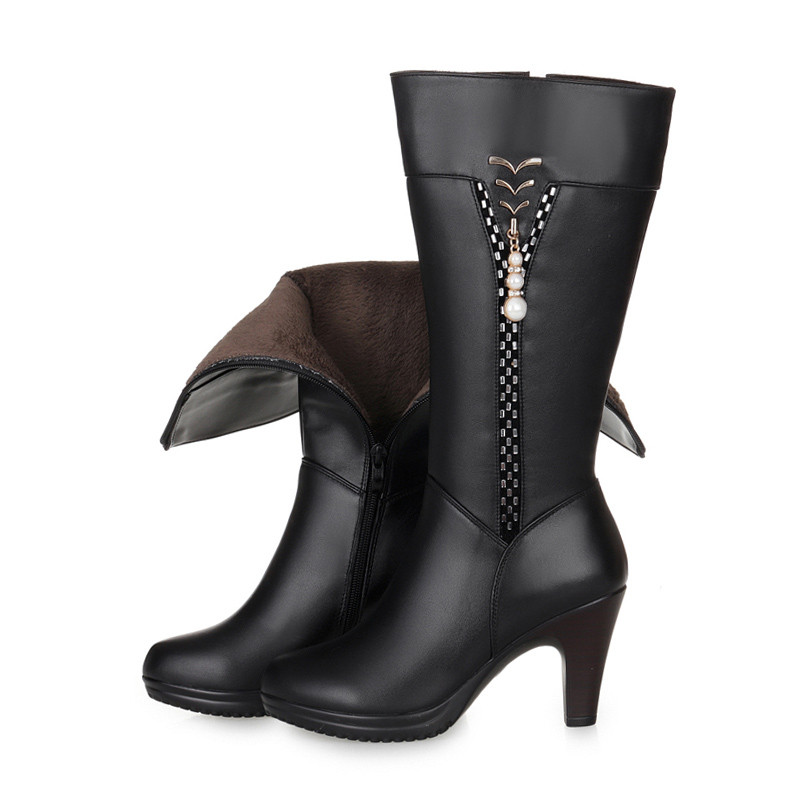 2024 Female winter shoes Women Genuine Leather High-heeled Boots Wool Lined Boots Fashion High Quality Motorcycle Boots