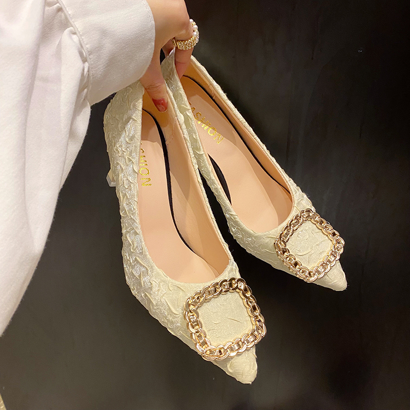 for 2024 New Pointed Toe Women's Sandals Simple and Elegant New Metal Button Dress Shoes High Quality Sier Heels Women