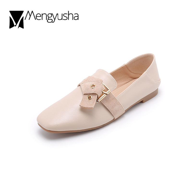 metal buckle 9f690 Studs Bow-knot loafers woman flats slip on moccasins large size 42/43 square toe small leather shoes for women
