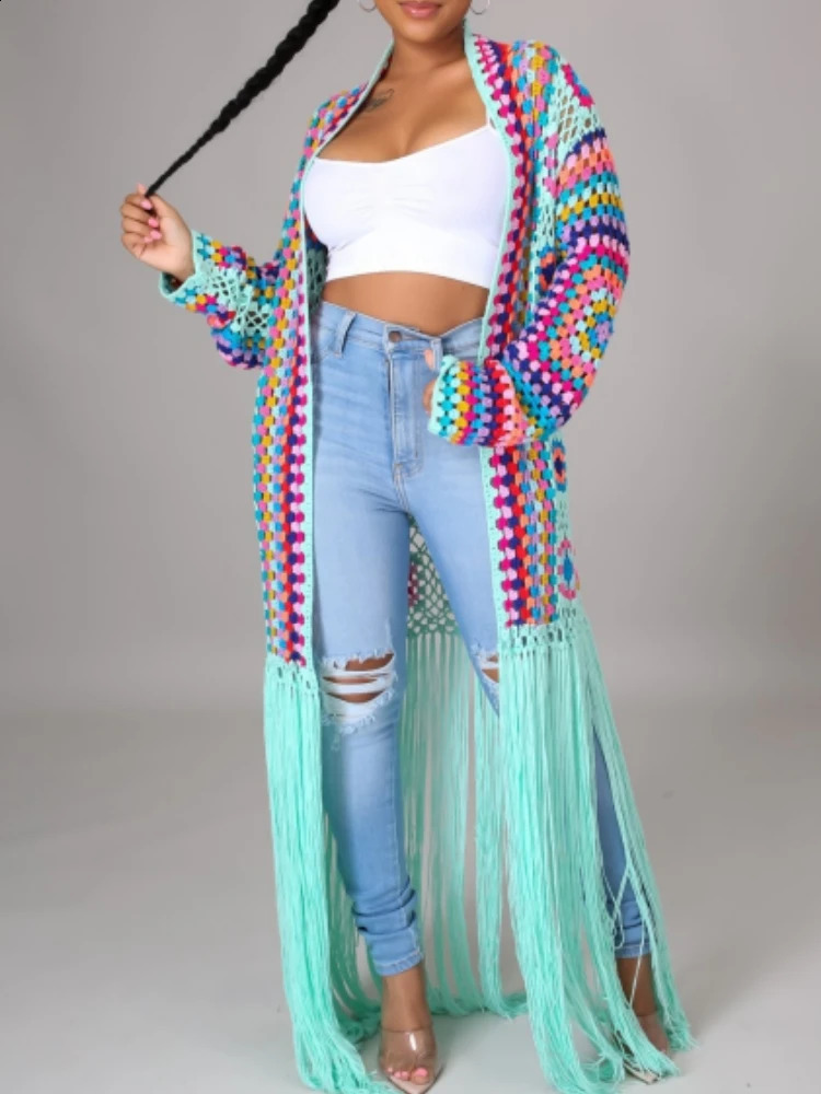 Womens Cardigan Handmade Crochet Beach Cover Up Coat Loose And Irregular Tassel Shirt Tie Mixed Color Pure Hand Hook Jackets 2924