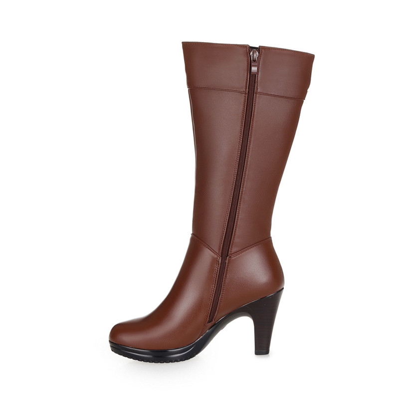 2024 Female winter shoes Women Genuine Leather High-heeled Boots Wool Lined Boots Fashion High Quality Motorcycle Boots