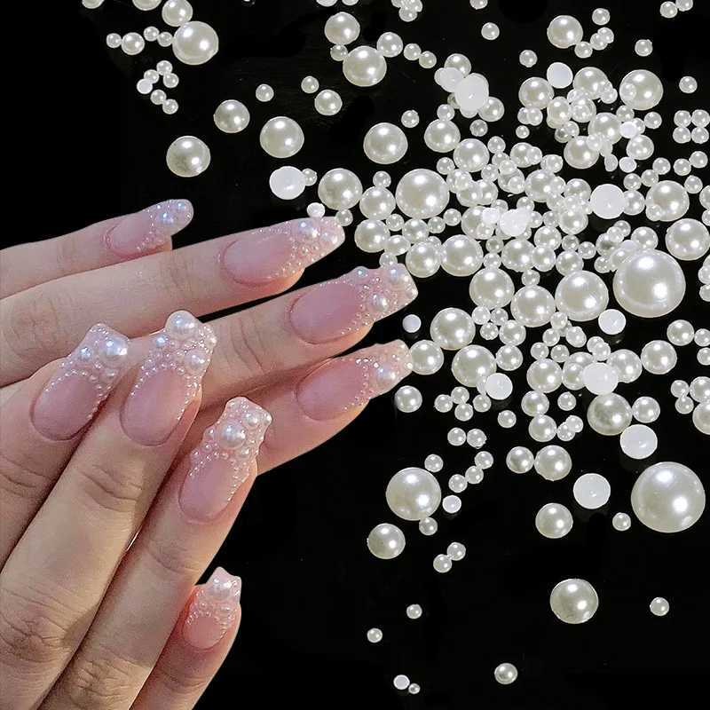 1 bag of resin heart-shaped moon pearl nail art decoration flat back pearl white mixed size 3D nail charm handmade nail accessories W240829