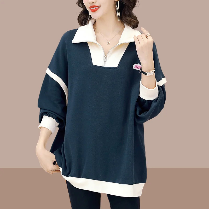 Womens fashion patch work casual street clothing oversized sportswear womens decal half zipper long sleeved top 240827
