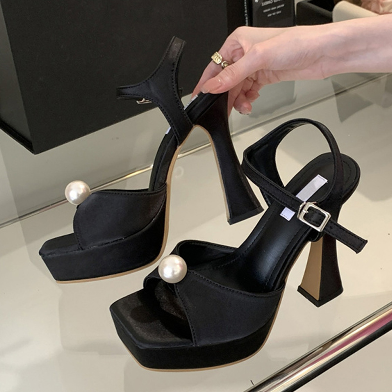 Liyke Brand Fashion White Pink Chunky Platform Sandals Women Pearl Design Square Toe Super High Heels Elegant Party Prom Shoes