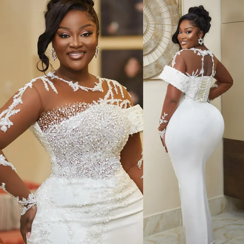 Illusion Wedding Dresses Modest Long Sleeves Appliqued Lace Bridal Mermaid Beaded Crystals Formal Birthday Party Gowns for African