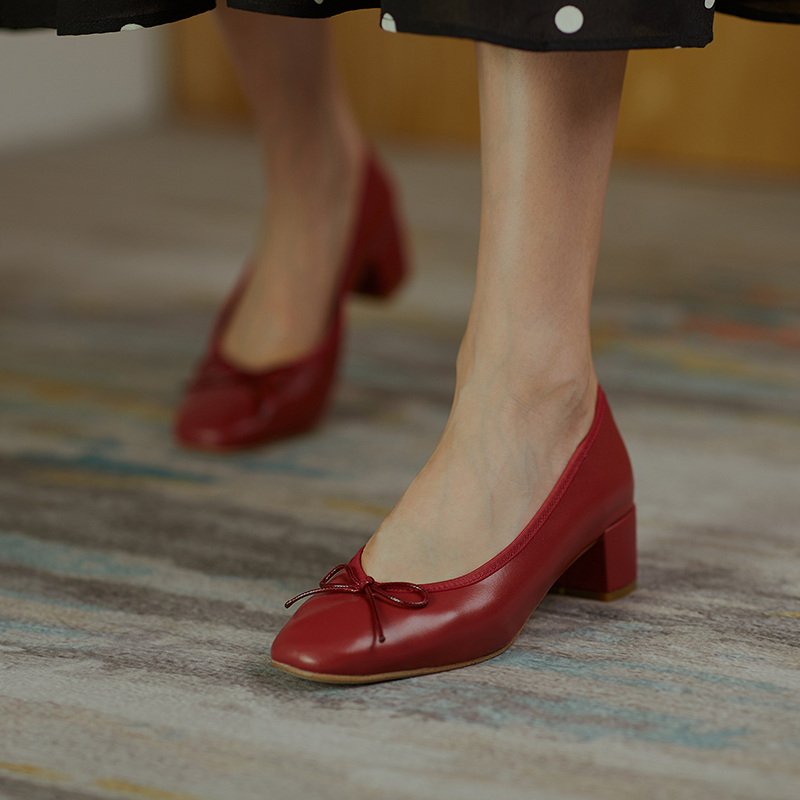 2024 Genuine Leather Women Shoes Fashion Butterfly-knot Spring and Autumn Pumps Slip-On Casual Shoes Chunky Heel Size 34-40