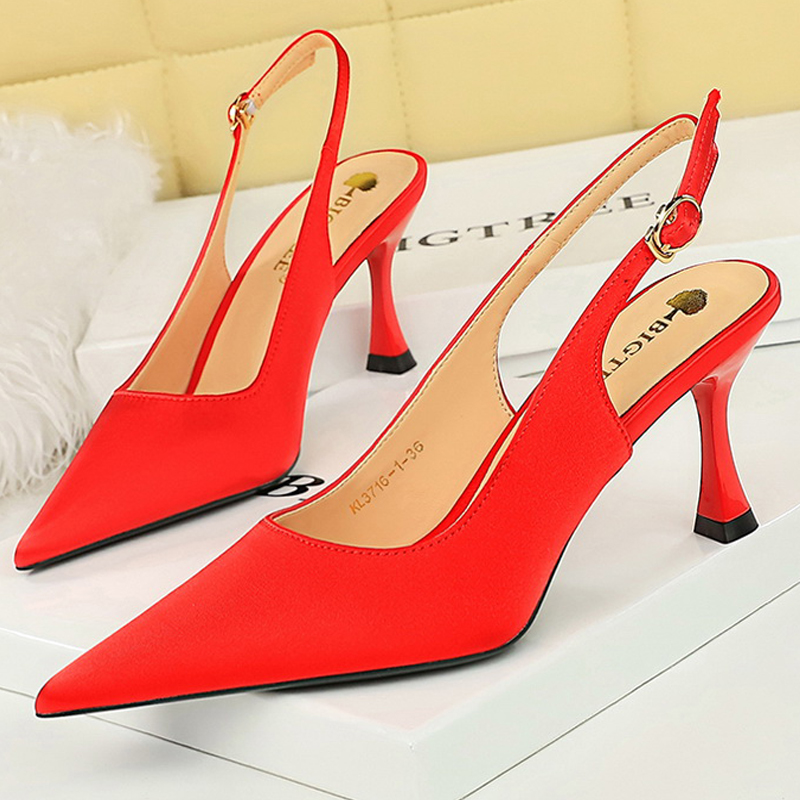 BIGTREE Shoes Women Sandals Pointed Kitten Heels Lady Summer Shoes Silks Satins Women Pumps Hollow Back Strap Heels Sandals 2023