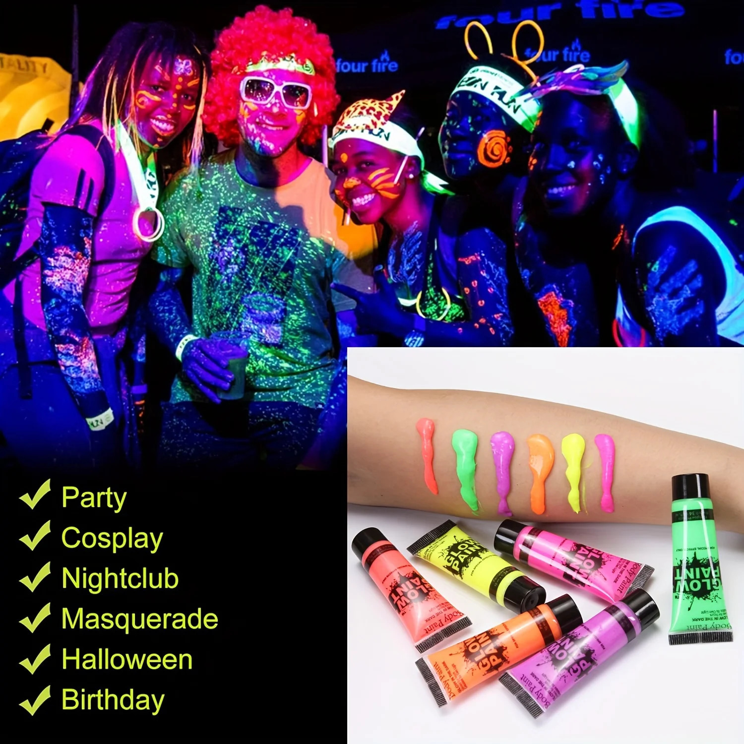 6 pieces of 25ml fluorescent paint luminous body painting painting party Halloween event makeup club makeup Christmas Gl 240829