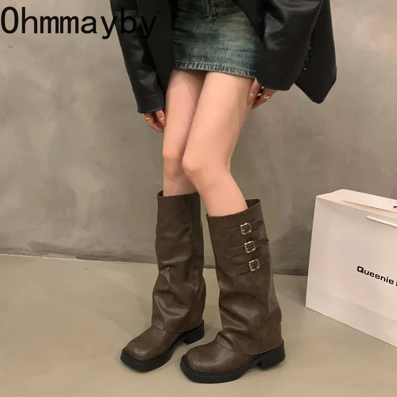 Winter 2024 Cowboy For Women Fashion Belt Buckle Long Boots Female Elegant Square Heel Women's Knight Bootties ef27 's