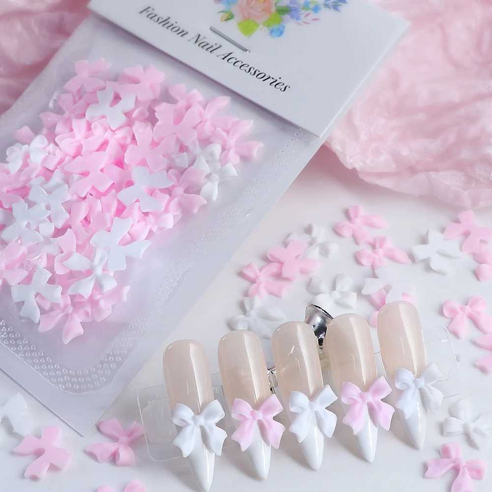 50 pieces/bag pink and white ribbon bow nail charm Korean red nail artistic tie decoration Kawaii accessories handmade design supplies W240829