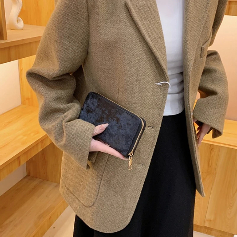 Solid Thread Zipper Long Faux Suede Wallet Bags for Women Simple Card Holder Note Compartment Clutch Bag 240830