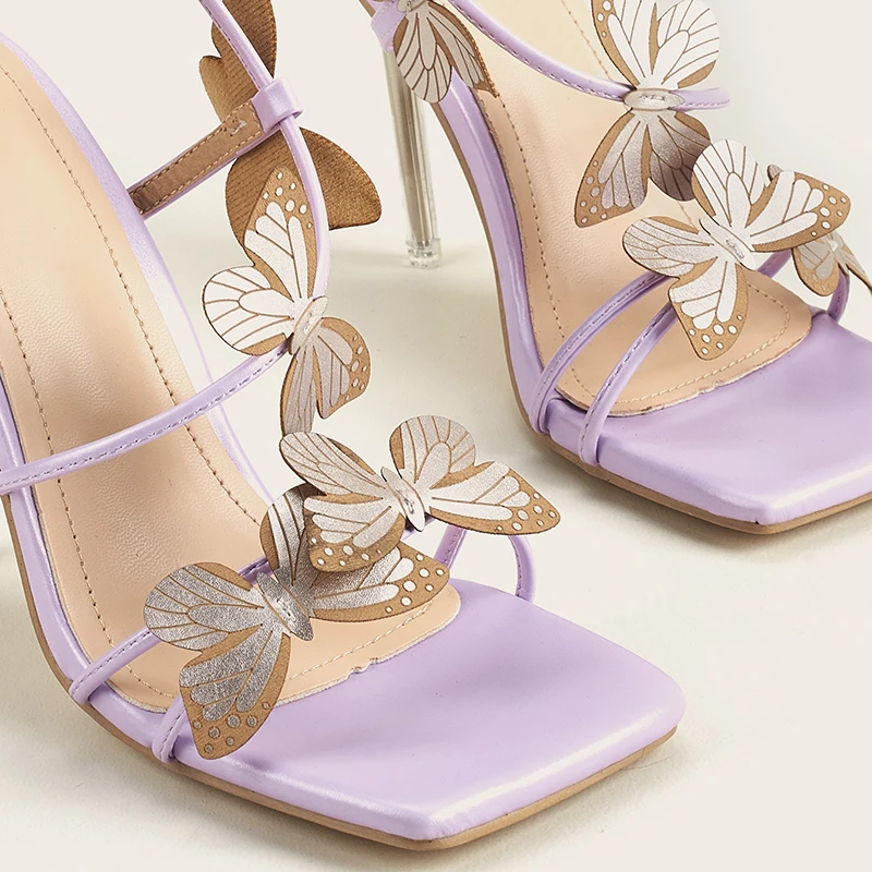 2025 new Butterfly Purple High Heeled Women Summer Casual Square Toe Sandals Woman Thin Heels Ankle Straps Party Shoes 5fd1