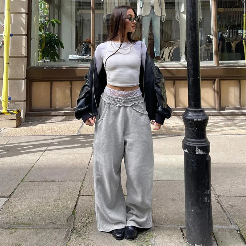 Deeptown Baggy Y2k Grey Sports Pants Womens Casual Retro Street Loose Long Leg 240827