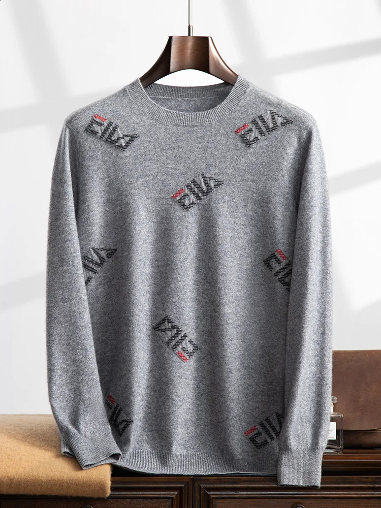 ANGEL Mens O-neck Shirt 100% Cashmere Knitted Lanhua Letter Jacquard Sweater Autumn/Winter Casual Long Sleeve Clothing 240829