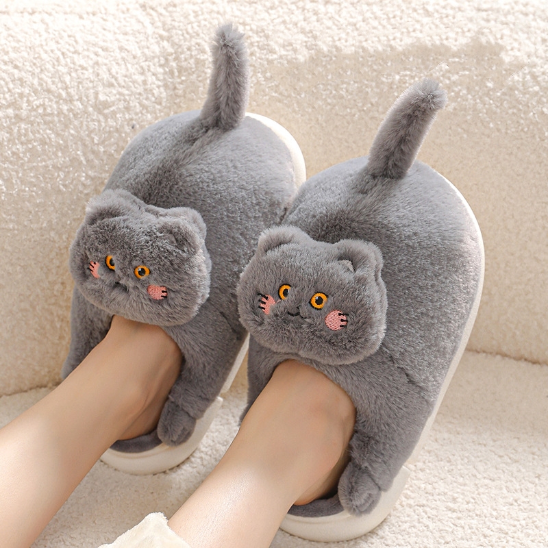 Comwarm Cute Cat Plush Slippers For Women Men Home Furry Slippers Indoor Kawaii Floor Shoes Non-slip Fluffy Winter Warm Slippers