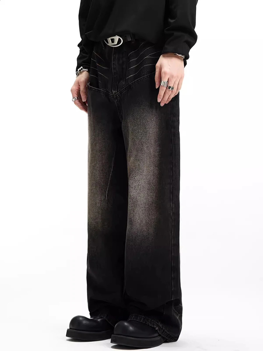 REDDACHiC Vintage Black Brushed Baggy Jeans Men Acubi Fashion Low Waist Whiskers Wash Wide Leg Denim Pants Hiphop Casual Clothes 240826Z