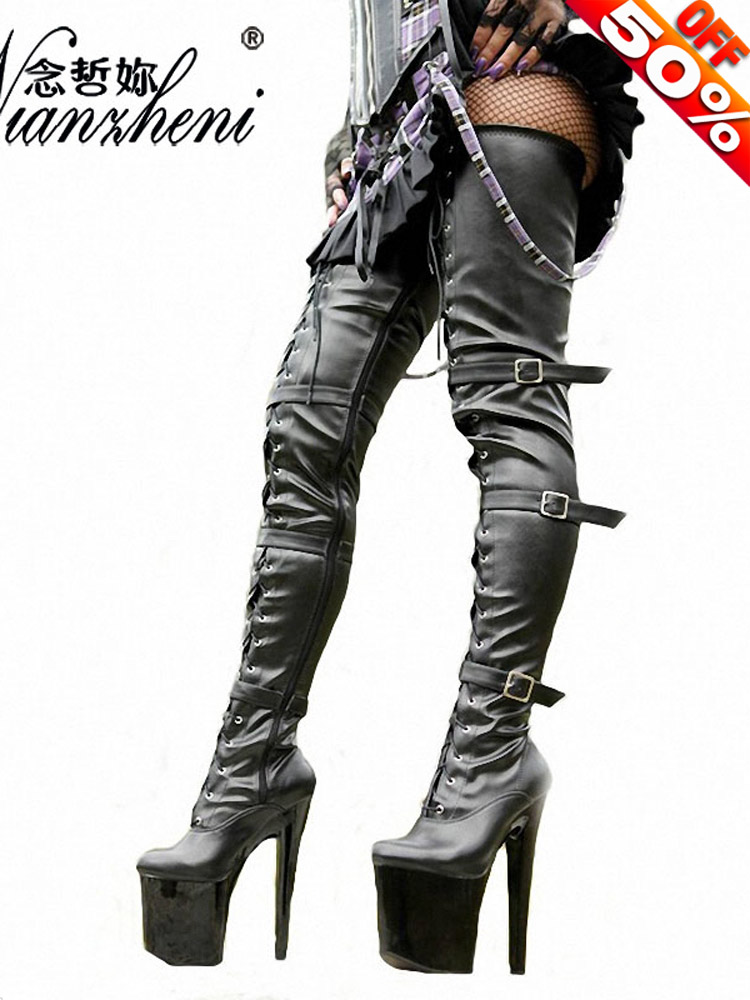 Sexy 20cm Platform high Knee Black Buckle Narrow Band Pu Women Shoes 8 Inch Stripper New Gothic pole dance thigh high boots
