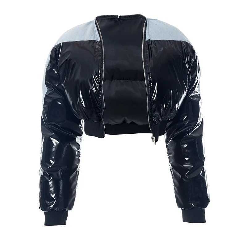 Women's Down Parkas Fashion Women Shiny Black PU Leather Denim Puffer Jacket High Waist Bubble Coats Hiphop Lady Zipper Crop Puff Parkas Down Win