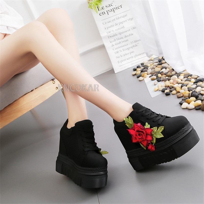 Embroidered Flowers Canvas Sneakers Autumn Women High Wedge Sneaker Fashion White/black/red Platform Woman Sports Casual Shoes