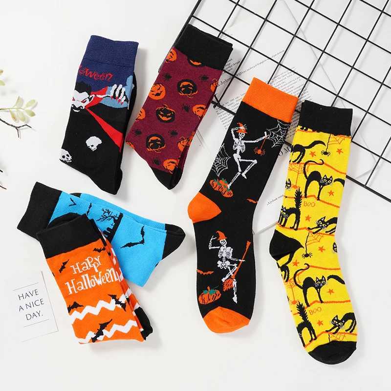 Men's Socks 5 Pairs/Lot Hallown Cotton Socks for Men and Women Skull Vampire Pumpkin Bat Head Funny Autumn and Winter Warm Fashion Socks Y240830S