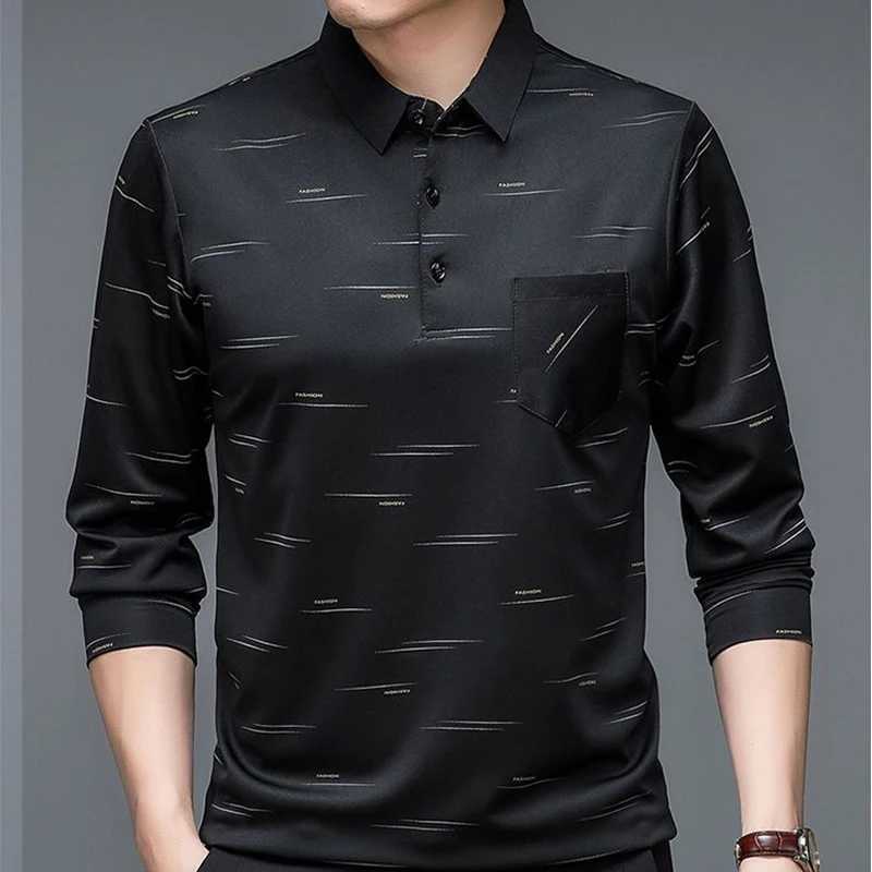 Mens Polo Long Sleeve T-shirt Printed Spring/Autumn T-shirt Loose Bottom Casual Business Clothing Fashion Button Top W240828