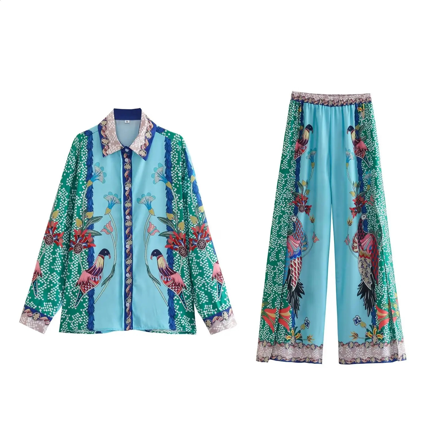Womens European And American Style Retro Loose Positioning Printed Shirt High Waist Slim Straight Pants Twopiece Set 240829