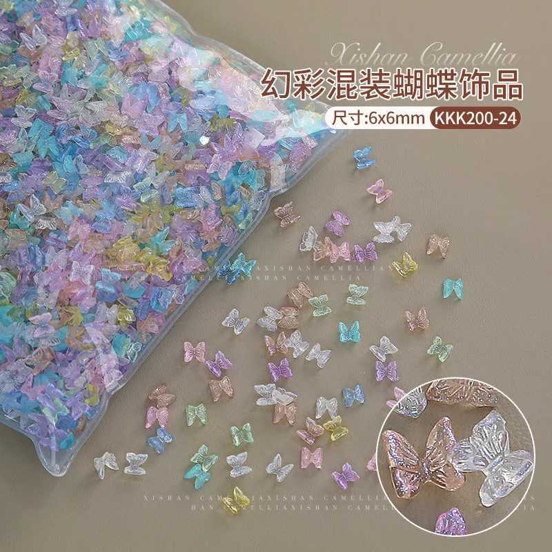 100 pieces of 6mm Aurora Butterfly Nail Art Charm Resin Kawaii Accessories Mini 3D Butterfly Nail Water Diamond DIY Nail Art Decoration W240829